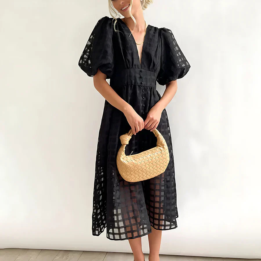 Cindy - Klassieke midi-jurk met patroon en pofmouwen