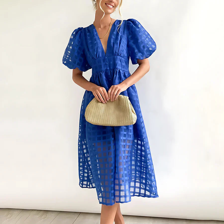 Cindy - Klassieke midi-jurk met patroon en pofmouwen