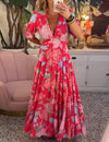 Reagan - Maxi-jurk met V-hals, korte mouwen en bloemenprint