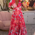 Reagan - Maxi-jurk met V-hals, korte mouwen en bloemenprint