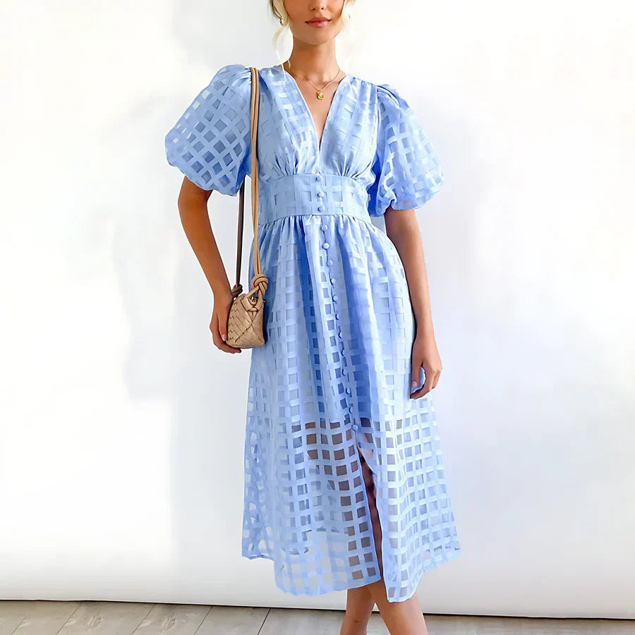 Cindy - Klassieke midi-jurk met patroon en pofmouwen