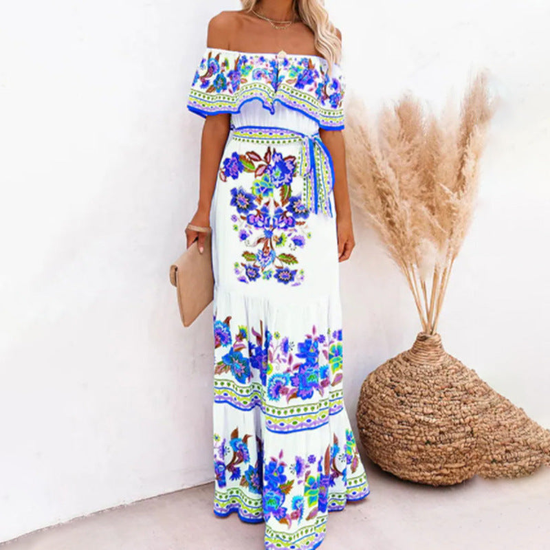 Oceana - Lange jurk met print en vetersluiting in de taille
