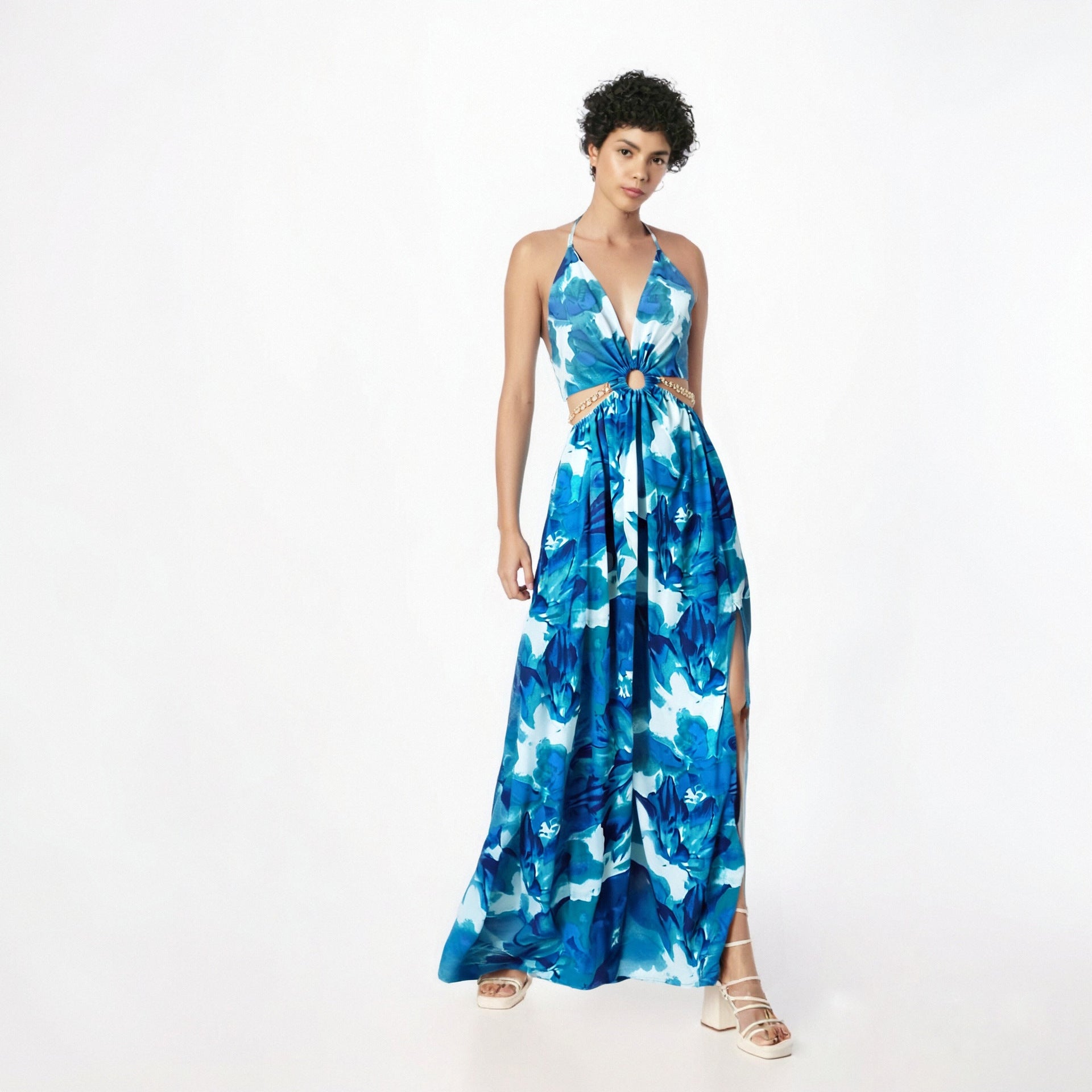 Jurk met bloemenprint en kettingdetails, split aan de dij en strik