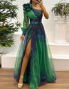 Judith - Trendy maxi-jurk met één schouder en meshprint