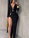 Elegante, nauwsluitende maxi-jurk met diepe V-hals, lange mouwen en plooien