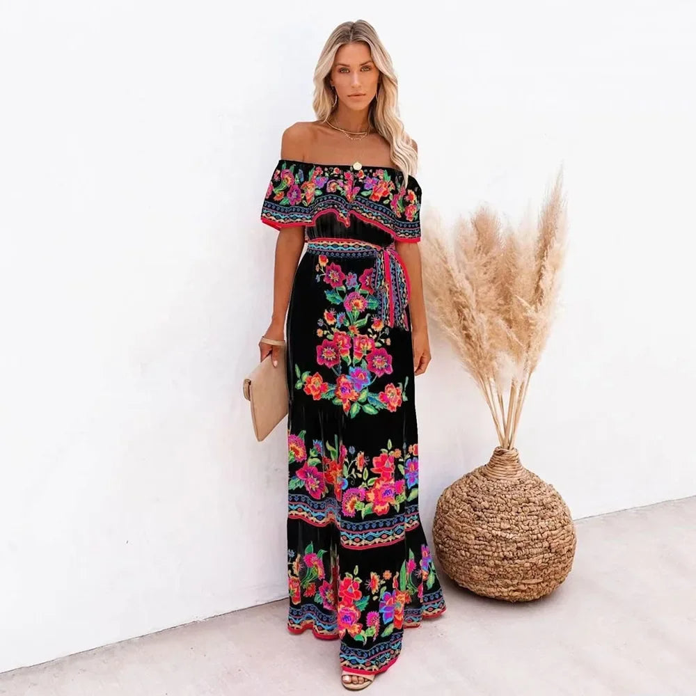 Scharlakenrode Bloom Maxi-jurk met blote schouders