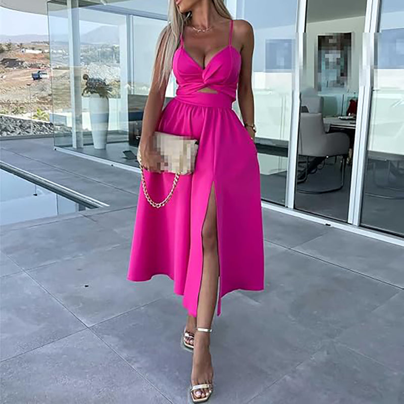 Vanette - Elegante midi-jurk met bandjes en split aan de voorkant