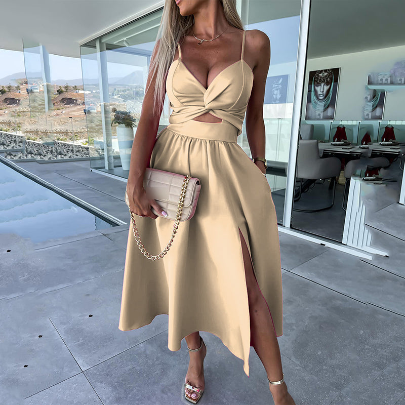 Vanette - Elegante midi-jurk met bandjes en split aan de voorkant